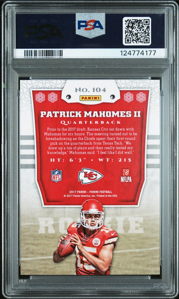 PATRICK MAHOMES SIGNED 2017 PANINI #104 ROOKIE RC 10/10 PSA GEM 10 AUTO 10