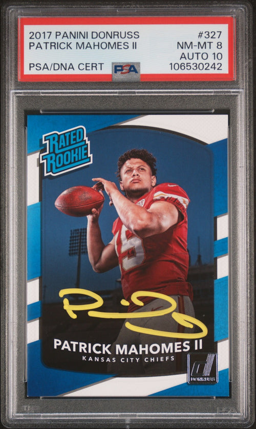 PATRICK MAHOMES SIGNED 2017 PANINI DONRUSS RATED ROOKIE #327 RC PSA 8 AUTO 10