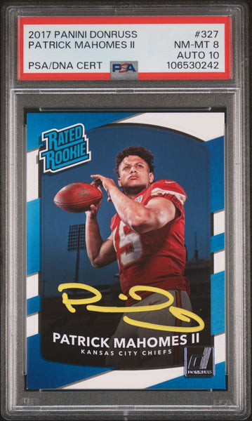 PATRICK MAHOMES SIGNED 2017 PANINI DONRUSS RATED ROOKIE #327 RC PSA 8 AUTO 10