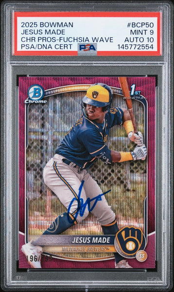 JESUS MADE SIGNED 2025 BOWMAN CHROME 1ST RC FUCHSIA WAVE /199 PSA 9 AUTO 10