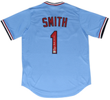 OZZIE SMITH SIGNED ST LOUIS CARDINALS BLUE NIKE COOPERSTOWN JERSEY W/ HOF 2002