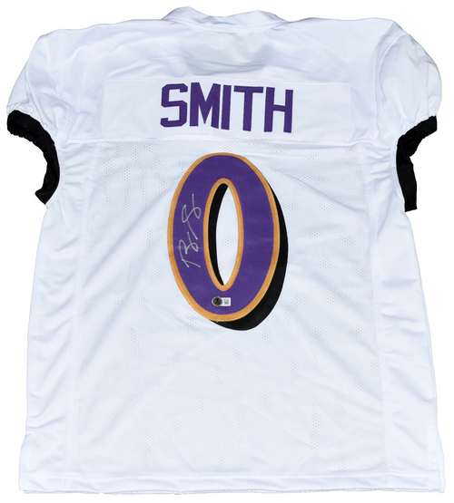 ROQUAN SMITH SIGNED BALTIMORE RAVENS #0 WHITE GAME CUT JERSEY BECKETT