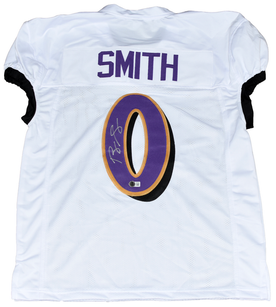 ROQUAN SMITH SIGNED BALTIMORE RAVENS #0 WHITE GAME CUT JERSEY BECKETT