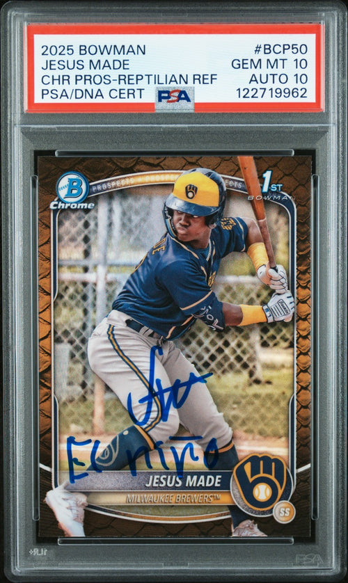 JESUS MADE SIGNED 2025 BOWMAN CHROME 1ST RC REPTILIAN REFRACTOR PSA 10 AUTO 10