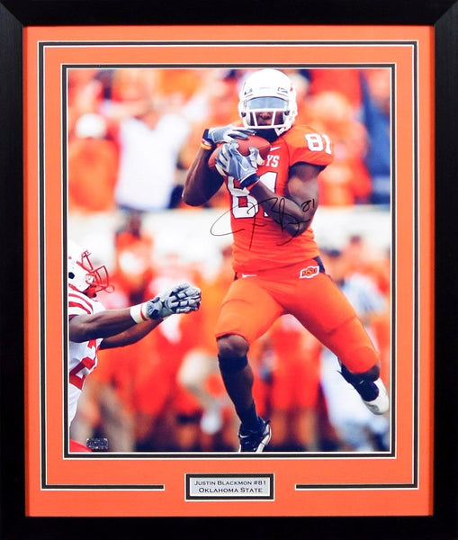JUSTIN BLACKMON AUTOGRAPHED OKLAHOMA STATE COWBOYS 16x20 FRAMED PHOTO COA