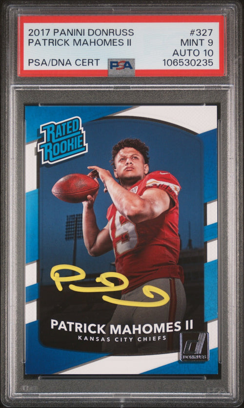 PATRICK MAHOMES SIGNED 2017 PANINI DONRUSS RATED ROOKIE #327 RC PSA 9 AUTO 10