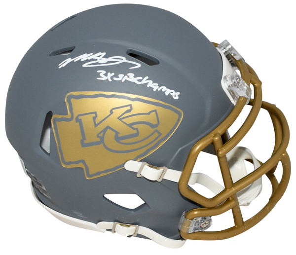 MECOLE HARDMAN SIGNED KANSAS CITY CHIEFS SLATE MINI HELMET W/ 3X SB CHAMPS
