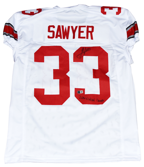 JACK SAWYER SIGNED OHIO STATE BUCKEYES #33 WHITE JERSEY W/ 2024 NATIONAL CHAMPS