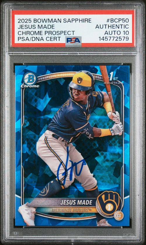 JESUS MADE SIGNED 2025 BOWMAN CHROME SAPPHIRE 1ST ROOKIE RC PSA AUTO 10