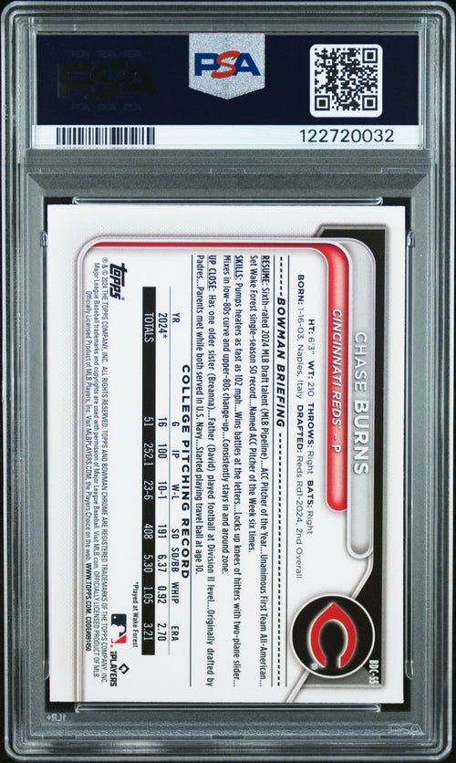 CHASE BURNS SIGNED 2024 BOWMAN CHROME SKY BLUE REFRACTOR 1ST RC PSA AUTO AUTH
