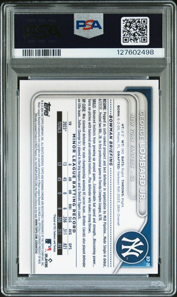 GEORGE LOMBARD JR SIGNED 2024 BOWMAN CHROME LUNAR GLOW REFRACTOR PSA 9 AUTO 10
