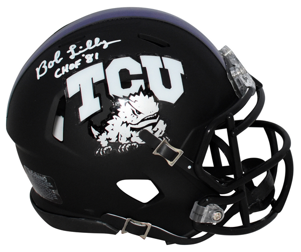 BOB LILLY SIGNED TCU HORNED FROGS BLACK SPEED MINI HELMET BECKETT W/ CHOF 81