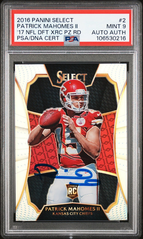 PATRICK MAHOMES SIGNED 2016 PANINI SELECT #2 2017 XRC PRIZM ROOKIE AUTO PSA 9