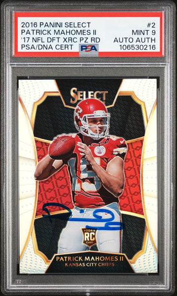 PATRICK MAHOMES SIGNED 2016 PANINI SELECT #2 2017 XRC PRIZM ROOKIE AUTO PSA 9