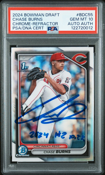 CHASE BURNS SIGNED 2024 BOWMAN CHROME REFRACTOR 1ST ROOKIE RC GEM MINT PSA 10