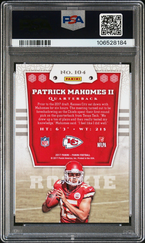 PATRICK MAHOMES SIGNED 2017 PANINI ROOKIE RC #104 PSA 9 AUTO 10