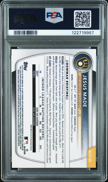 JESUS MADE SIGNED 2025 BOWMAN CHROME 1ST RC YELLOW X-FRACTOR /75 PSA 9 AUTO 10
