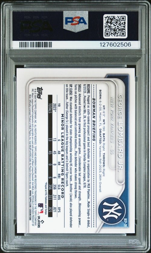 GEORGE LOMBARD JR SIGNED 2024 BOWMAN CHROME MOJO REFRACTOR 1ST RC PSA 10 AUTO 10