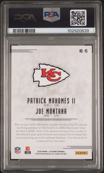 PATRICK MAHOMES & JOE MONTANA SIGNED 2018 PANINI ILLUSIONS #45 PSA 8 AUTO 10