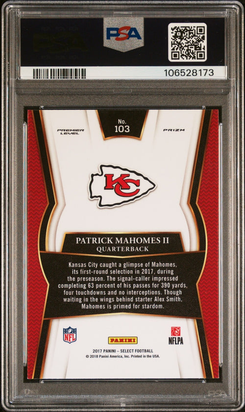 PATRICK MAHOMES SIGNED 2017 PANINI SELECT ROOKIE RC #103 AUTO PSA 9