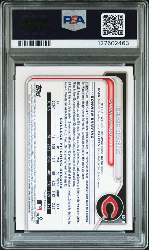 CHASE BURNS SIGNED 2024 BOWMAN CHROME 1ST GREEN GRASS REFRACTOR /99 PSA AUTO 10
