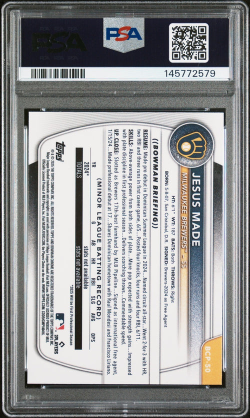 JESUS MADE SIGNED 2025 BOWMAN CHROME SAPPHIRE 1ST ROOKIE RC PSA AUTO 10