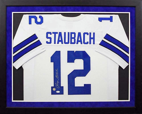 ROGER STAUBACH AUTOGRAPHED DALLAS COWBOYS #12 WHITE FRAMED JERSEY JSA