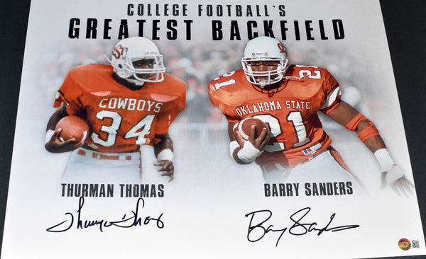 BARRY SANDERS & THURMAN THOMAS SIGNED OKLAHOMA STATE COWBOYS 16x20 PHOTO BECKETT