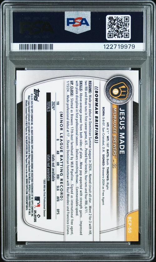 JESUS MADE SIGNED 2025 BOWMAN CHROME PROSPECTS 1ST ROOKIE RC PSA 9 AUTO 10