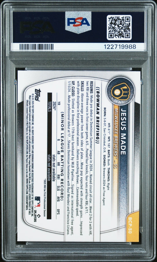 JESUS MADE SIGNED 2025 BOWMAN CHROME X-FRACTOR 1ST RC GEM PSA 10 AUTO 10