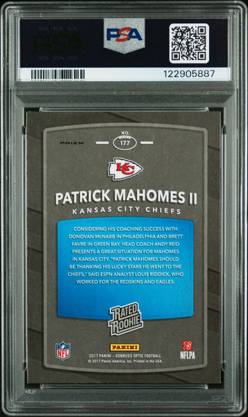 PATRICK MAHOMES SIGNED 2017 PANINI DONRUSS OPTIC HOLO ROOKIE RC PSA 9 AUTO 10