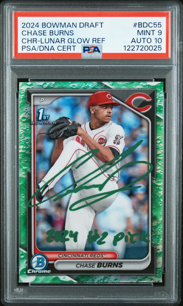 CHASE BURNS SIGNED 2024 BOWMAN CHROME LUNAR GLOW REFRACTOR 1ST RC PSA 9 AUTO 10