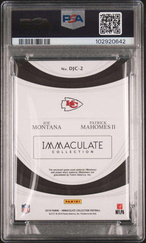 PATRICK MAHOMES JOE MONTANA SIGNED 2019 PANINI IMMACULATE JERSEY PSA 8 AUTO 10