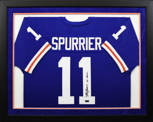 STEVE SPURRIER AUTOGRAPHED FLORIDA GATORS #11 BLUE FRAMED JERSEY W/ 66 HEISMAN