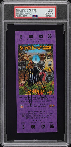 JOHN ELWAY SIGNED 1998 SUPER BOWL XXXII 32 TICKET DENVER BRONCOS PACKERS PSA 9