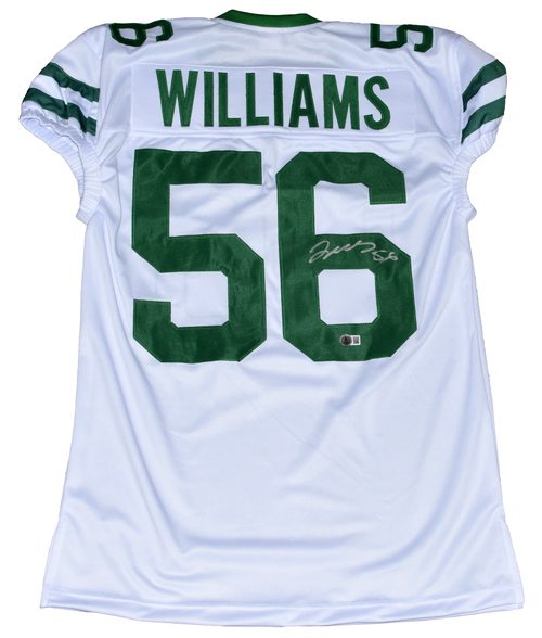 QUINCY WILLIAMS AUTOGRAPHED NEW YORK JETS #56 WHITE GAME CUT JERSEY BECKETT