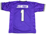 QUENTIN JOHNSTON SIGNED AUTOGRAPHED TCU HORNED FROGS #1 PURPLE JERSEY BECKETT
