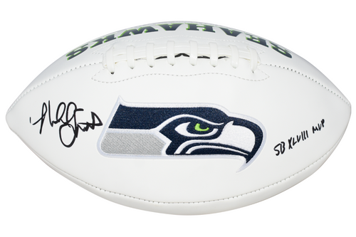 MALCOLM SMITH SIGNED SEATTLE SEAHAWKS WHITE LOGO FOOTBALL W/ SB XLVIII MVP