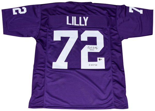 BOB LILLY AUTOGRAPHED TCU HORNED FROGS #72 PURPLE JERSEY W/ 60 AA & CHOF 81