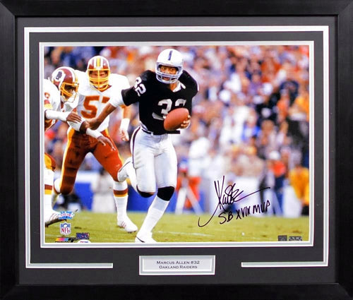 MARCUS ALLEN AUTOGRAPHED OAKLAND RAIDERS 16x20 FRAMED PHOTO W/ SB XVIII MVP