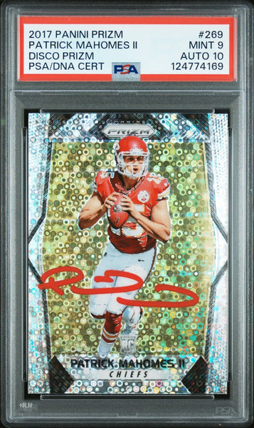 PATRICK MAHOMES SIGNED 2017 PANINI DISCO PRIZM ROOKIE #269 RC PSA 9 AUTO 10