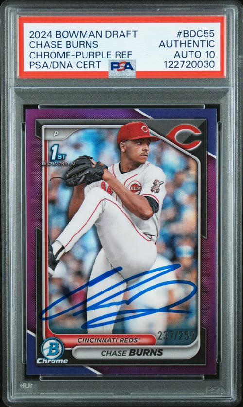CHASE BURNS SIGNED 2024 BOWMAN CHROME PURPLE REFRACTOR 1ST RC /250 PSA AUTO 10