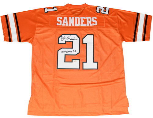 BARRY SANDERS SIGNED OKLAHOMA STATE COWBOYS #21 ORANGE JERSEY W/ HEISMAN 88