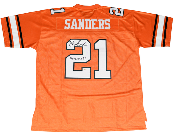 BARRY SANDERS SIGNED OKLAHOMA STATE COWBOYS #21 ORANGE JERSEY W/ HEISMAN 88
