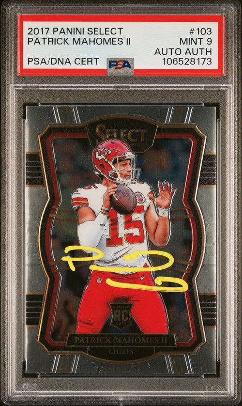 PATRICK MAHOMES SIGNED 2017 PANINI SELECT ROOKIE RC #103 AUTO PSA 9