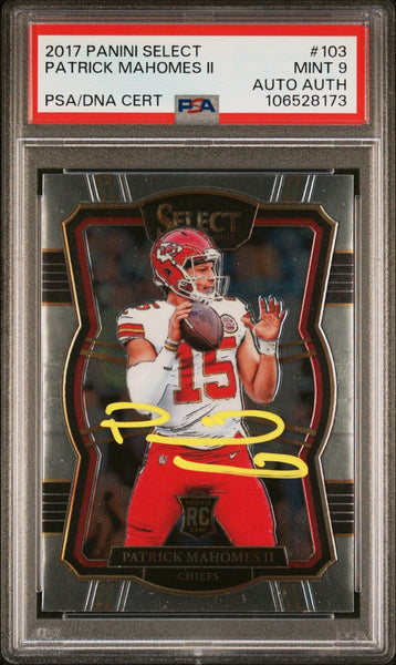 PATRICK MAHOMES SIGNED 2017 PANINI SELECT ROOKIE RC #103 AUTO PSA 9