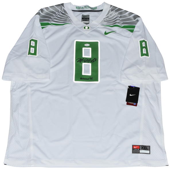 MARCUS MARIOTA SIGNED OREGON DUCKS #8 WHITE NIKE LIMITED JERSEY W/ HEISMAN 14