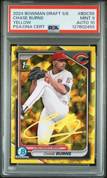 CHASE BURNS SIGNED 2024 BOWMAN CHROME YELLOW SAPPHIRE 1ST RC /75 PSA 9 AUTO 10