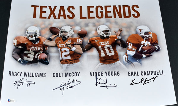 RICKY WILLIAMS EARL CAMPBELL VINCE YOUNG COLT McCOY SIGNED UT TEXAS 16x20 PHOTO