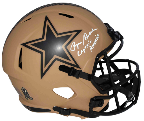 ROGER STAUBACH SIGNED DALLAS COWBOYS SALUTE TO SERVICE HELMET W/ CAPTAIN AMERICA